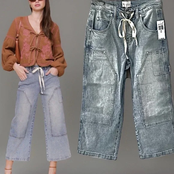 Avec Les Filles NWT Drawstring Cropped Wide Leg Badlands Wash Cargo Jeans, 27 - Picture 1 of 15